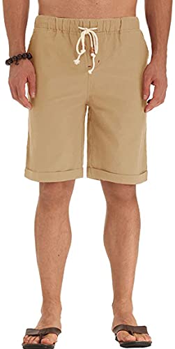 Sailwind Men’s Linen Shorts Casual Drawstring Summer Beach Shorts US Large Khaki
