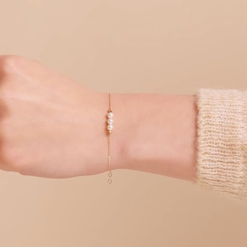 Gelin 10K Solid Gold Freshwater Pearl Bracelet for Women - Dainty Triple Pearl Station Bracelet
