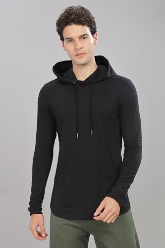 Klizzer Luxury Lightweight Black Hoodie Men 100% Cotton Hooded Long Sleeve T-Shirt Hoodie, Plain Solid Casual Streetwear Gym Fitness Shirt, Comfortable wearing in Summer and Winter - Medium