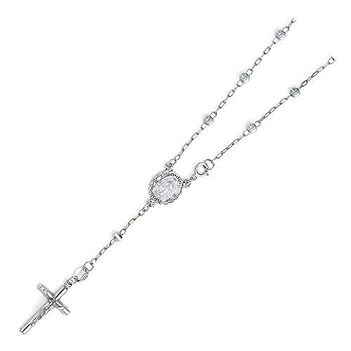 14k REAL White Gold 3mm Moon Cut Ball Rosary/Rosario Bracelet with Virgin Mary - 7.25"