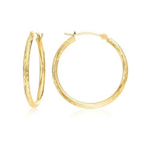 10K Yellow Gold Hand Engraved Full Diamond-cut Round Hoop Earrings 20mm