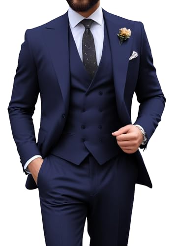 Navy Blue Suit Men 3 Piece Slim Fit Suit Big and Tall Suits for Men Business Casual Wedding Tuxedo Suits Set Large