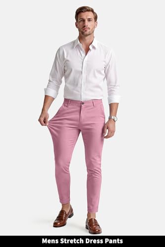 GINGTTO Slim Fit Dress Pants for Men Stretch,Office Business Trousers Pink Chino Pants Men 32Wx28L