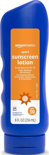 Amazon Basics Sport Sunscreen Lotion SPF 30, Water Resistant (80min), Formulated without Octinoxate & Oxybenzone, Broad Spectrum UVA/UVB Protection, 8 Fluid Ounce
