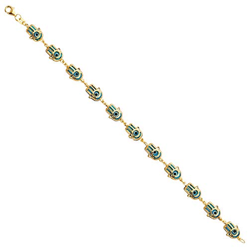14k REAL Yellow Gold Hamsa Blue Evil Eye Bracelet - 7.5"