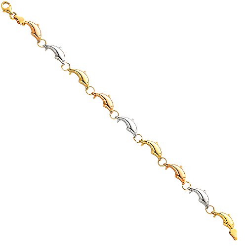 14k REAL Tri Color Gold Stampato Dolphin Bracelet with Lobster Claw Clasp - 7.25"