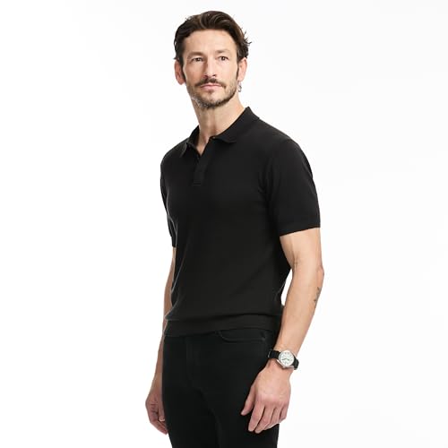 SAKS Fifth Avenue Men's Short Sleeve Rib Knit Sweater Polo, Premium Cotton Blend Knit Top, Classic-Fit & Richly Detailed, Black, XL