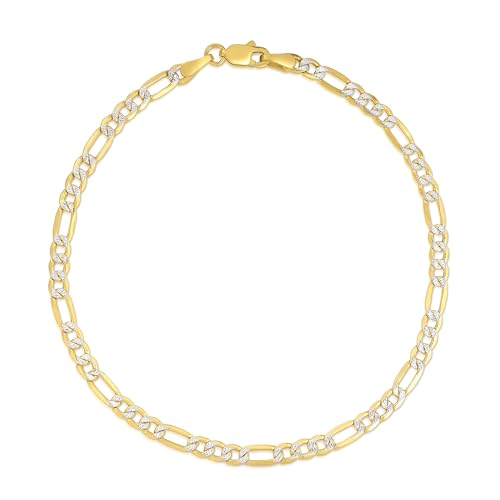 Floreo 10k Yellow Gold and White Gold 2.5mm Solid Two-Tone Figaro Chain Bracelet or Anklet 7 Inch