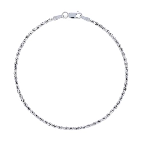 Nuragold 10k Real White Gold 2mm Rope Chain Diamond Cut Bracelet (7"-9") - 7"