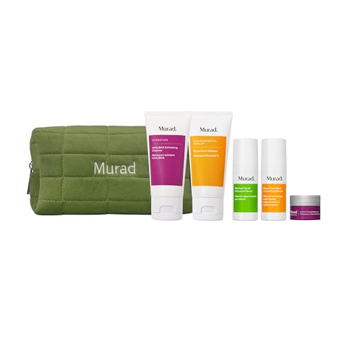 Murad Core Essentials Trial Kit – 5-Piece Travel AM/PM Regimen & Cosmetic Pouch with Cleansers, Retinol & Dark Spot Serums & Gel Moisturizer – Brightening, Smoothing & Hydrating Gift Set