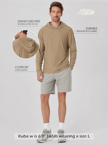 ODODOS Men's Long Sleeve Hoodie - odSTRATUM Tech Performance Pullover - Ultra Soft Moisture Wicking UPF 50+ Top, Khaki Heather, Large