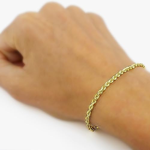 Galaxy Gold GG, 14K Solid Gold Diamond Cut Rope Chain Bracelet, 3mm - 8.5 Inch (7-9" Available), Fine Jewelry