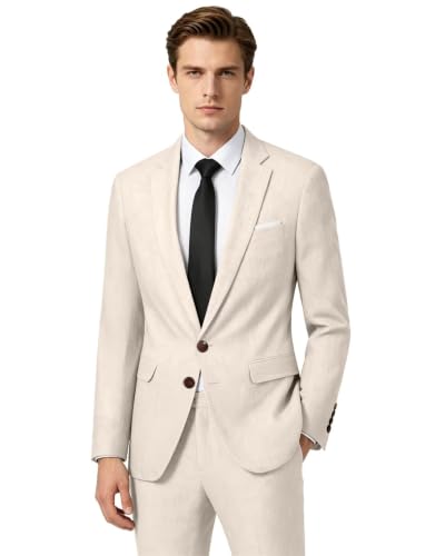 Retro Linen Mens Suit 2 Pieces Light Weight Linen Suit Summer Slim Fit Suits Tuxedo Jacket Blazer Pant for Men Beige M