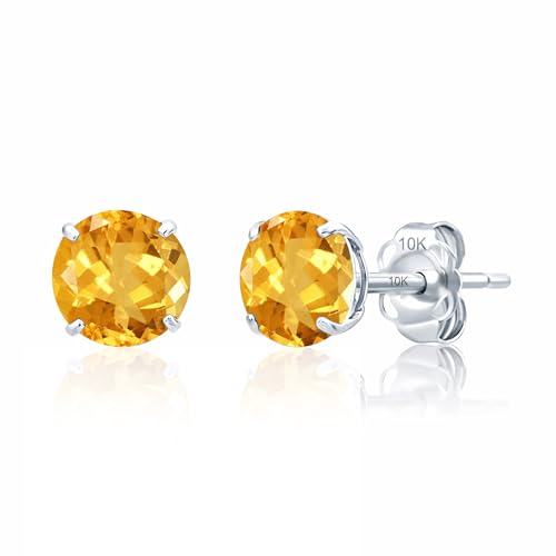 10K White Gold Round Citrine Stud Earrings for Women with Push Backs | 6mm Yellow November Birthstone Earrings | Solid Real 10 Karat Gold Gemstone Earrings for Women by MAX + STONE