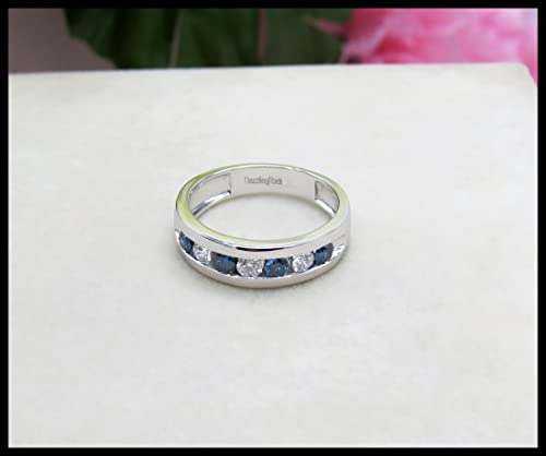 Dazzlingrock Collection 0.85 Cttw Round White & Blue Diamond Mens Anniversary Wedding Ring, 14K Solid White Gold, Size 9