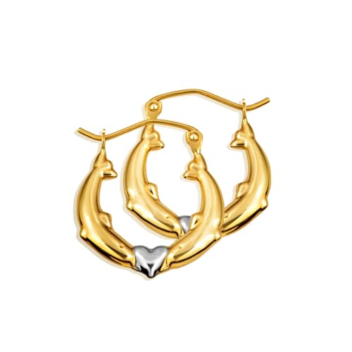 10K Two-Tone Gold Double Dolphin Heart Hoop Earrings