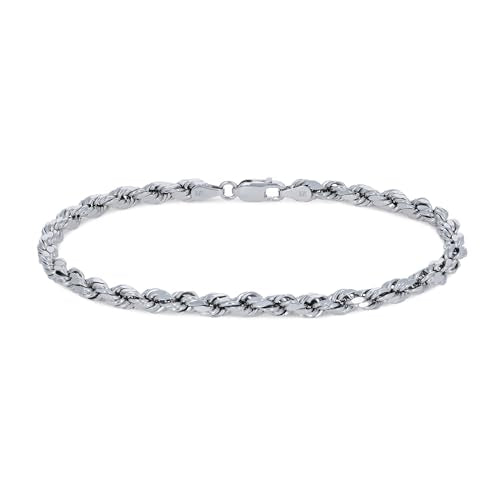 Nuragold 10k Real White Gold 4mm Rope Chain Diamond Cut Bracelet (7"-9") - 7.5"