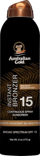 Australian Gold Continuous Spray Sunscreen with Instant Bronzer SPF 15, Immediate Glow & Dries Fast, Broad Spectrum, Water Resistant, Non-Greasy, Oxybenzone Free, Cruelty Free, 6 Ounce