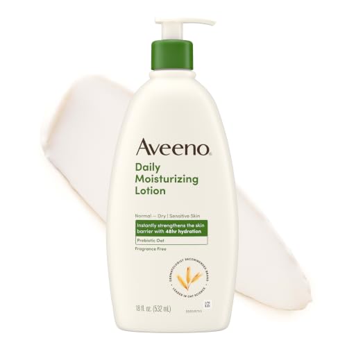 Aveeno Daily Moisturizing Body Lotion for Normal to Dry Skin, Moisturizer with Soothing Prebiotic Oat, Non Greasy, Non Comedogenic, Fragrance Free Body Lotion for Women & Men, 18 Fl Oz