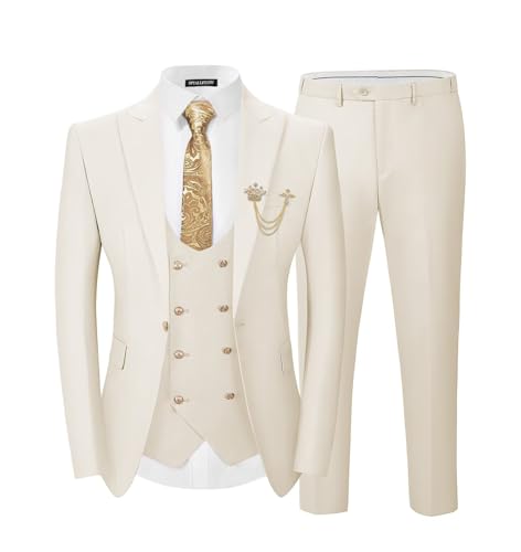 SPTALLFITJSV Beige Men's Slim Fit Suit 3 Piece Prom Christmas Party Business Suits Double Breasted Blazer Men Tuxedo Set, Size Large