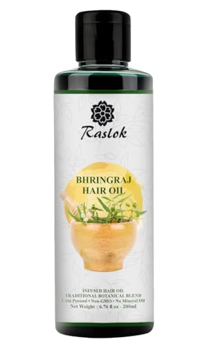 Raslok Bhringraj Hair Oil 6.76 fl oz –200ml | Ayurvedic Botanical Blend with Amla, Neem, Hibiscus & Brahmi | Cold-Pressed | Non-GMO | No Mineral Oil | Made in India