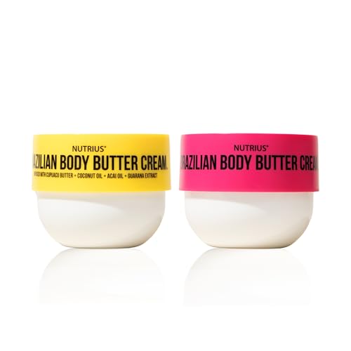 Nutrius Brazilian Body Butter Cream Twin Pack, Coco Bliss & Berry Bliss Scents, Deep Moisturizer with Cupuacu Butter, Cocoa Butter & Acai Oil, Non Greasy Hydrating Body Cream, 2 x 6 oz
