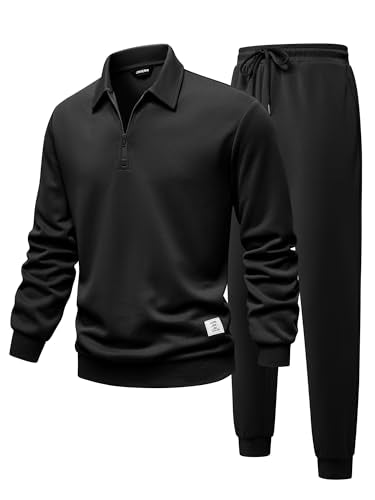 JMIERR Mens Outfits Track Suits 2 Piece Set Long Sleeve Quarter Zipper Polo Shirt& Joggers Sweatpants with Pockets, Fall Tracksuit Sweatsuits Matching Lounge Sets, Black, XL