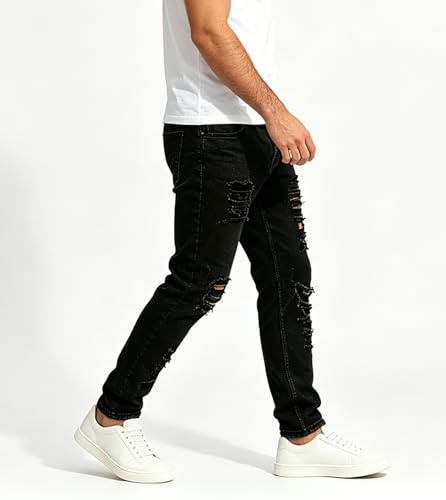 Men's Ripped Skinny Stretch Distressed Destroyed Slim Jeans Denim Pants Black 32