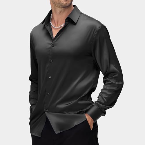 WARHORSEE Mens Silk Satin Dress Shirts Shiny Long Sleeve Button Down Shirt Party Prom Wedding Shirt,Black,L