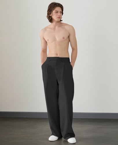 Susclude Wide Leg Dress Pants Men Pleated Old Money Baggy Casual Pants for Men Relaxed Fit Trousers with Slant Pockets Black