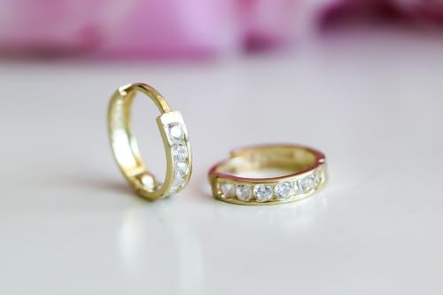 CZ Huggie Hoop Earrings, 10k Solid Yellow Gold, Dainty Cubic Zirconia Hoops 11mm, Minimalist Earrings for Women