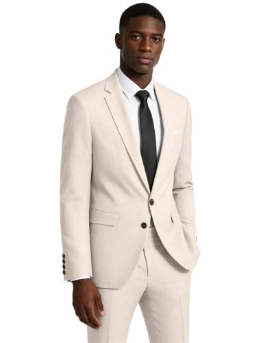 Retro Linen Mens Suit 2 Pieces Light Weight Linen Suit Summer Slim Fit Suits Tuxedo Jacket Blazer Pant for Men Beige M