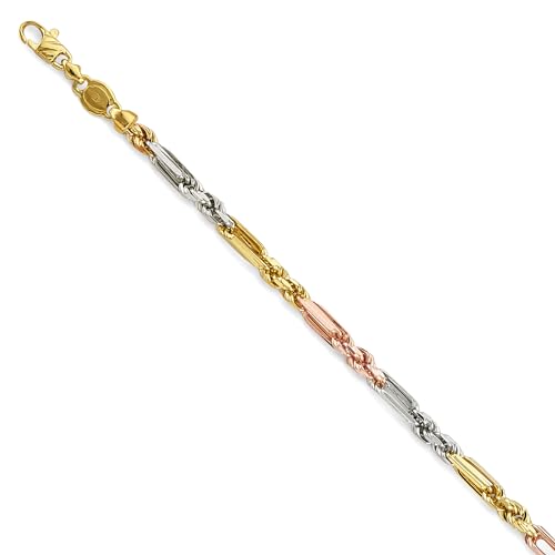 14k REAL Tri Color Gold Solid Men's 4mm Figarope Chain Bracelet with Lobster Claw Clasp - 8.5"
