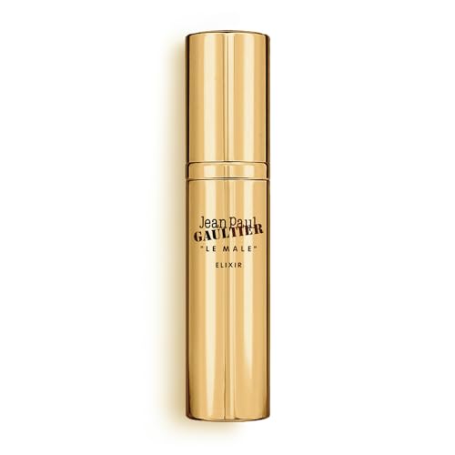 Jean Paul Gaultier Le Male Elixir Parfum Travel Spray - Long Lasting Woody Aromatic Cologne for Men with Lavender, Tonka Bean & Warm Amber - Luxury Elixir Parfum, 0.34 oz