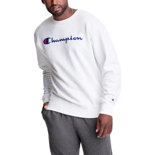 Champion Men's Crewneck Fleece Sweatshirt, Standard Fit, Midweight, Script Logo, Available in Regular and Big & Tall, White - Classic Script Logo, Large