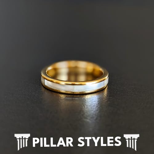 Thin 14K Gold Mother of Pearl Rings for Men Wedding Bands Tungsten Ring with Pearl Inlay 4mm Unique Yellow Gold Engagement Bands for Women Tropical Anniversary Gifts for Couples
