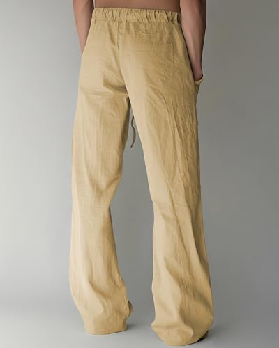 BUXKR Men's Linen Pants Beach Casual Cotton Summer Lightweight Elastic Waist Drawstring with Deep Pockets Khaki