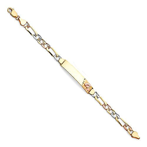 The World Jewelry Center 14k Tri Color Gold Diamond Cut Figaro Link Flower ID Bracelet - 7"