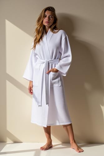 Turquaz Lightweight Waffle Knit Kimono Bathrobe - Soft Cotton Blend Spa Robe, Fast-Drying Full-Length Unisex Robes for Women