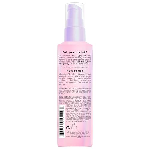 L'Oreal Paris Elvive Glycolic + Gloss High Shine Leave-In Hair Serum, Smooths Dull, Porous Hair Into High-Shine, Glossy Hair, 4.4 Fl Oz