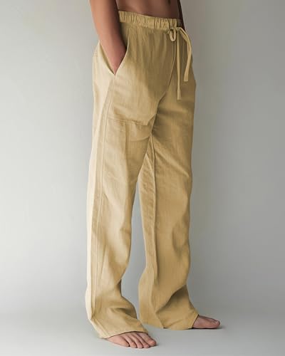 BUXKR Men's Linen Pants Beach Casual Cotton Summer Lightweight Elastic Waist Drawstring with Deep Pockets Khaki