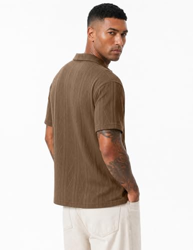 JMIERR Polo Shirts for Men Classic Fit Short Sleeve Loose Casual Soft Button Old Money Textured Cable Knit Shirt Quiet Luxury Clothes, XL, Khaki