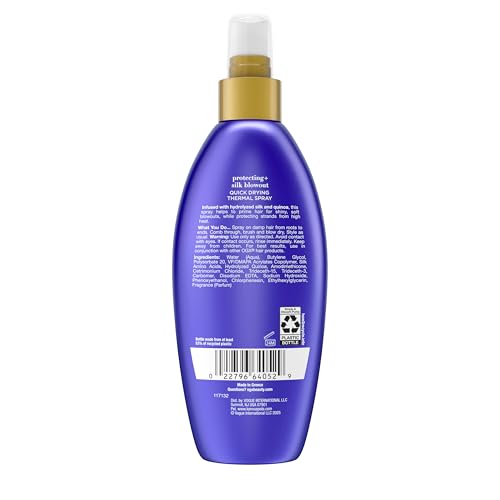 OGX Protecting + Silk Blowout Quick Drying Thermal Protection Spray, Heat Protectant Spray Shields Hair up to 450°F For Soft, Shiny Hair and Big, Beautiful Blowouts, Light Hold, 6 fl. oz