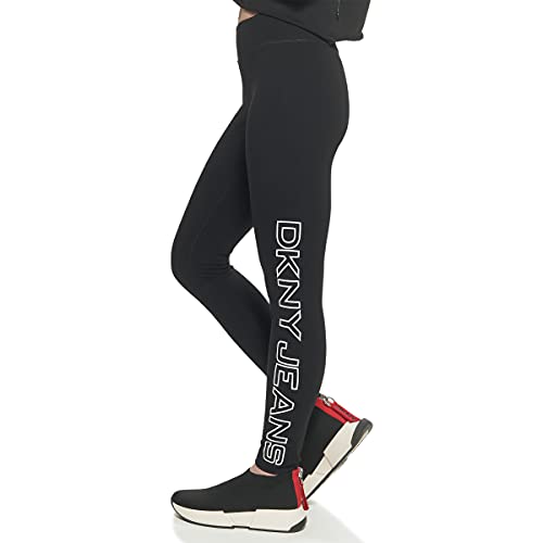 DKNY Jeans Women's Casual Mid Rise Logo Leggings, BLK/WHT, XL