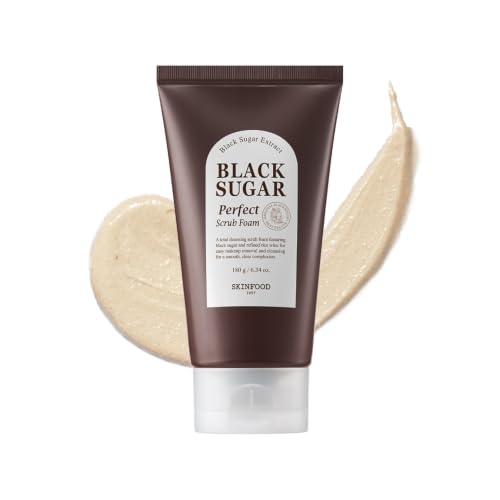 SKINFOOD Black Sugar Perfect Scrub Foam 180g - Detoxifying Pore Scrubs & Exfoliator Soft & Rich Bubble Facial Foam Cleanser, Removes Dead Skin Cells - Exfoliating Skincare for Men & Women (6.35 oz)