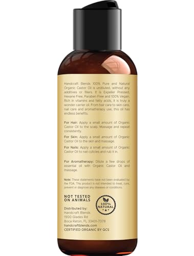 Handcraft Blends Organic Castor Oil 4 Fl Oz | 100% Pure and Natural | Premium Grade Carrier Oil | Hair, Eyelashes and Eyebrows | Hair and Body | Expeller-Pressed | Hexane-Free