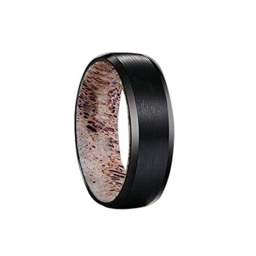 Black Deer Antler Wedding Rings with Beveled Edges Rustic Tungsten Rings for Men Wedding Band 8mm Durable Comfort Fit Nature Inspired Anniversary Gifts for Him