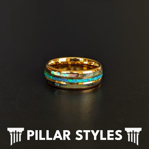 Blue Opal Ring 14K Gold Wedding Band Tungsten Rings with Abalone Inlay 8mm Yellow Gold Mens Wedding Bands Tropical Nature Inspired Gifts for Him