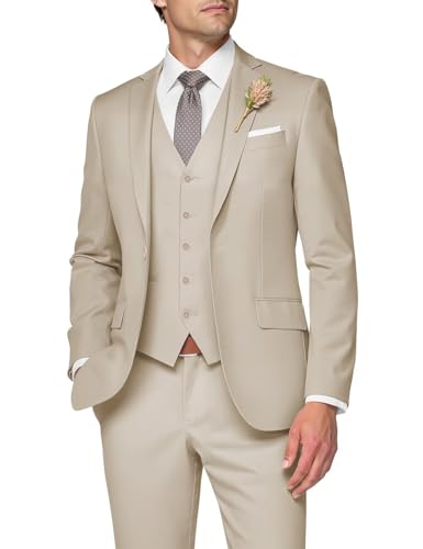 SPTALLFITJSV Mens 3 Piece Suit Beige Suits Slim Fit 3 Piece Suit Beige Suits for Wedding Man Elegant Solid V-Neck Single Breasted Vest Pants Blazer Sets Size XL