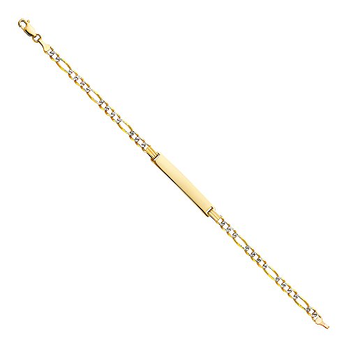 The World Jewelry Center 14k Yellow Gold White Pave 4mm ID Figaro Bracelet with Lobster Claw Clasp - 7.5"
